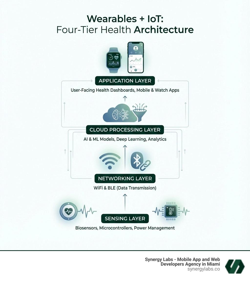 infographic showing the four-tier architecture of wearables and IoT health apps: sensing layer with biosensors, networking layer with WiFi and BLE, cloud processing layer with AI and ML models, and application layer with user-facing health dashboards - Wearables + IoT: The Blueprint for Smarter, Health-Aware Mobile Apps infographic 