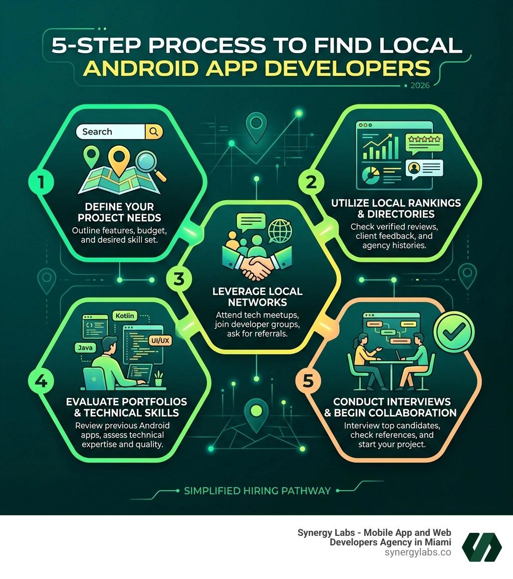 5-step process infographic for finding android app developers near me - android app developers near me infographic 
