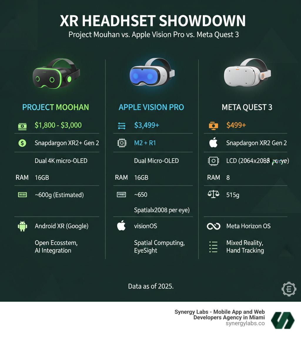 Infographic comparing Project Moohan vs other leading headsets' specifications including price ranges, processors, display technology, RAM, weight, operating systems, and key features - Samsung names the date: Project Moohan is coming for the Apple Vision Pro. infographic 