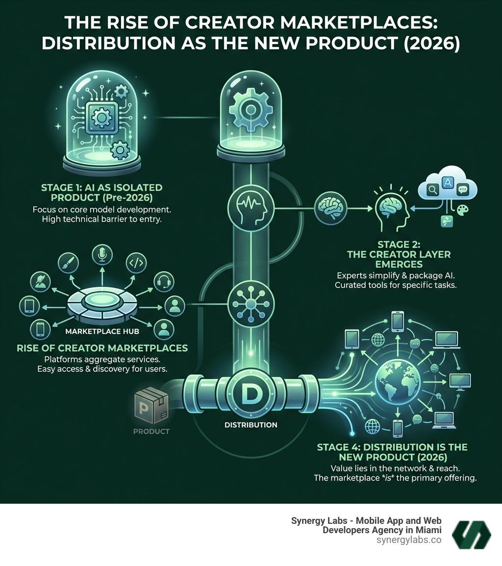 diagram of a creator's business ecosystem including social media, a storefront, and a branded AI app - The Rise of Creator Marketplaces for AI Services: Why Distribution Is the New Product in 2026