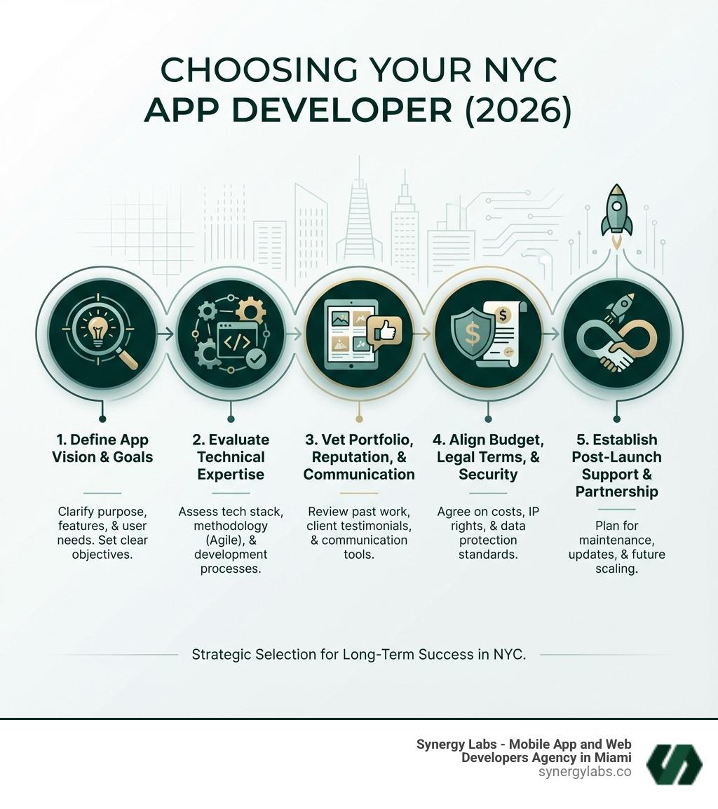 Infographic showing the 5 key stages of selecting an NYC app developer: 1. Define Your App Vision and Goals, 2. Evaluate Technical Expertise and Development Approach, 3. Vet Portfolio, Reputation, and Communication Practices, 4. Align Budget, Legal Terms, and Security Standards, 5. Establish Post-Launch Support and Long-Term Partnership - What to know when choosing your NYC App developer in 2026 infographic infographic-line-5-steps-dark