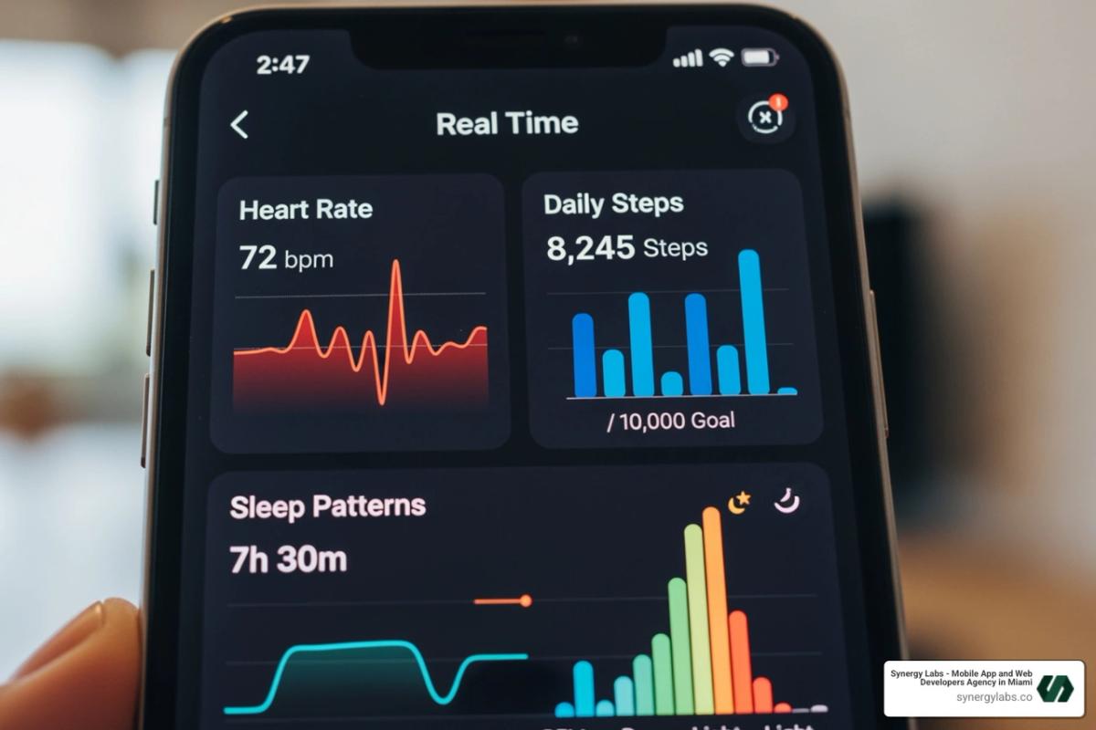 mobile app dashboard showing real-time heart rate, steps, and sleep data - Wearable & IoT Integration in Mobile Apps: Real-Time Health Tracking and a Truly Connected Life