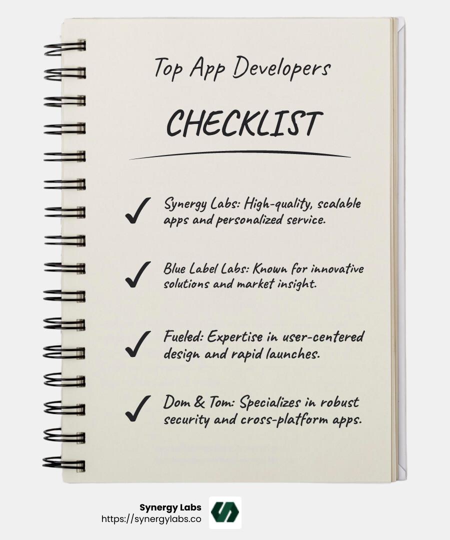 Infographic detailing the top mobile app development companies in New York, focusing on Synergy Labs' commitment to high-quality, scalable apps and personalized service, along with highlights from Blue Label Labs, Fueled, and Dom & Tom, showcasing their unique strengths and notable projects. - New York mobile app development infographic featuring Synergy Labs and peers - top 10 mobile app development in new york infographic checklist-notebook