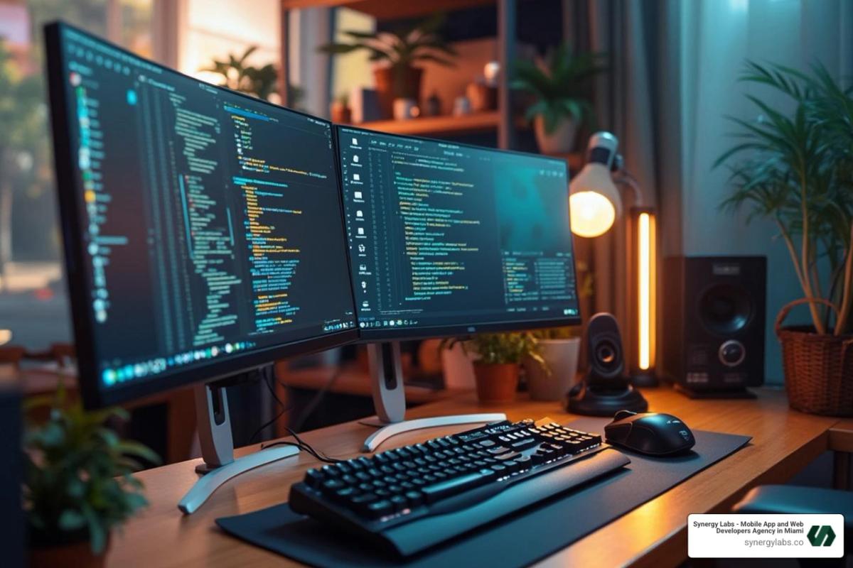 developer's dual-monitor setup - custom mobile software development
