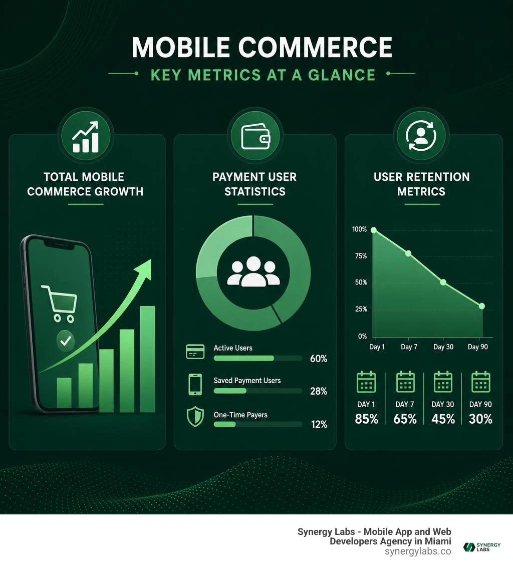 Infographic showing total mobile commerce growth, payment user statistics, and user retention metrics infographic