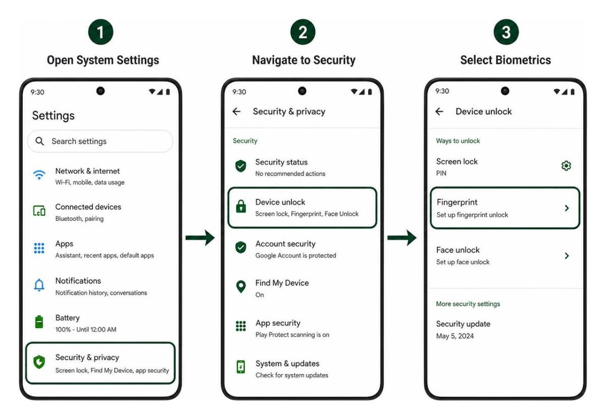 Diagram showing step-by-step process of scanning fingerprint on Android setting menu