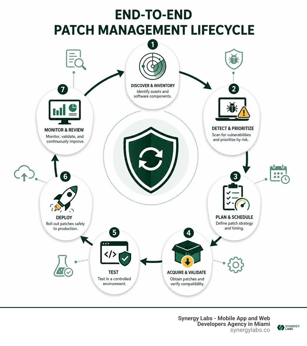 End-to-end patch management lifecycle flow infographic