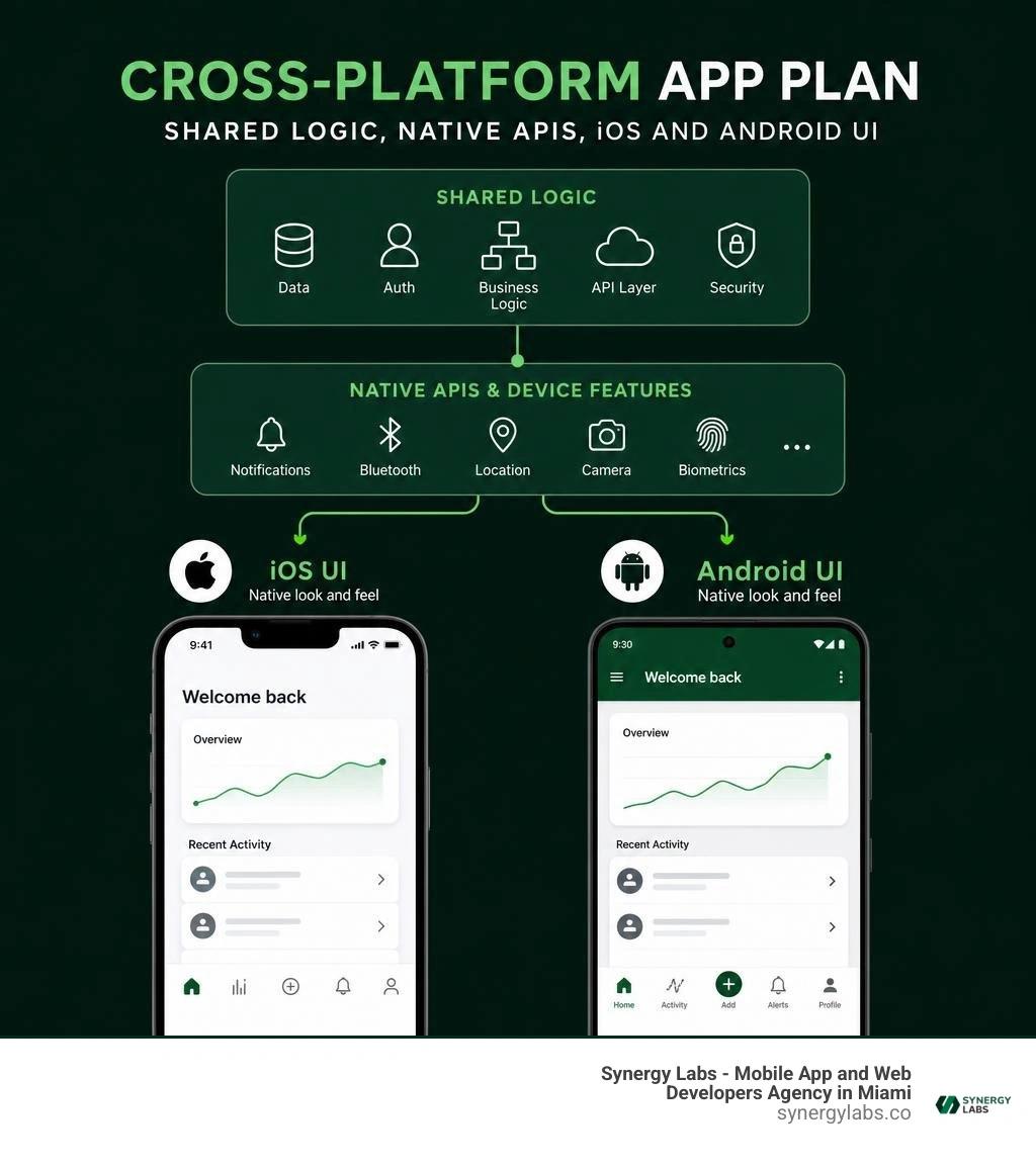 Cross-platform app plan: shared logic, native APIs, iOS and Android UI infographic