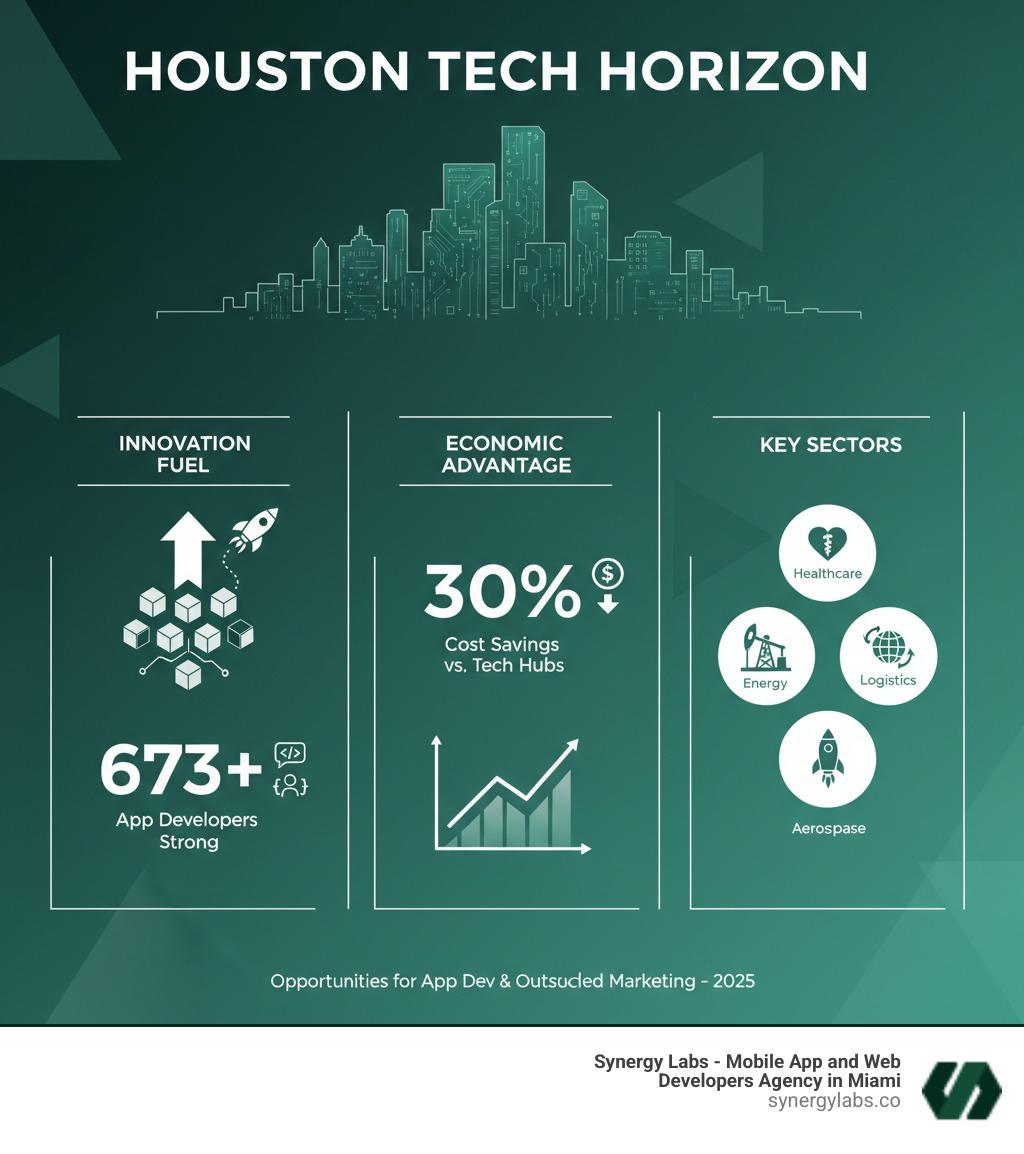 Infographic showing Houston's tech sector growth compared to traditional energy and space industries, highlighting key statistics like 673+ app developers, 30% cost savings vs Silicon Valley, and major industry verticals including healthcare, energy, logistics and aerospace - Houston’s Tech Scene: Opportunities for App Dev and Outsourced Marketing infographic 4_facts_emoji_light-gradient