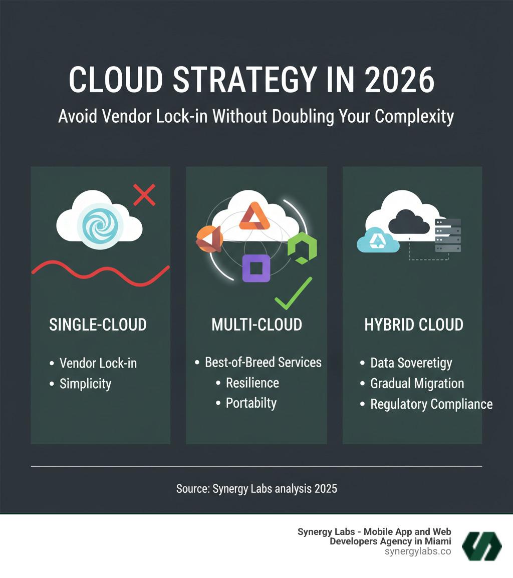 Infographic showing three columns: Single-Cloud (one provider logo, simple but risky), Multi-Cloud (multiple provider logos with interconnections, flexible but complex), and Hybrid Cloud (mix of on-premises servers and cloud logos, integrated infrastructure). Each column lists key characteristics: Single-Cloud shows vendor lock-in and simplicity; Multi-Cloud shows best-of-breed services, resilience, and portability; Hybrid Cloud shows data sovereignty, gradual migration, and regulatory compliance. - Multi-Cloud Strategy in 2026: Avoid Vendor Lock-In Without Doubling Your Complexity infographic 