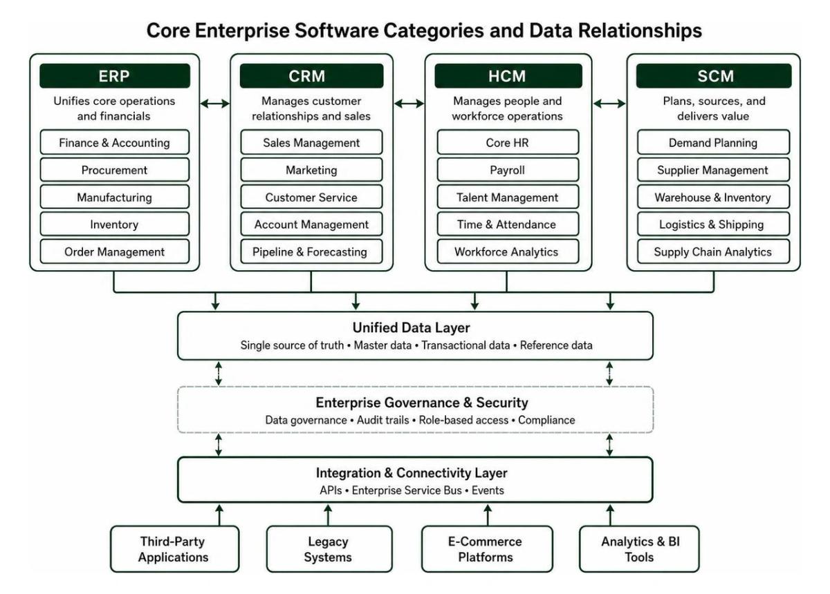 Breakdown of core enterprise software categories and data relationships Breakdown of core enterprise software categories and data relationships