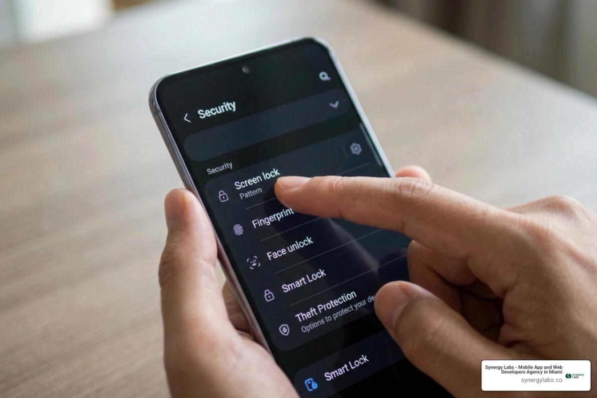 Android settings menu highlighting theft protection and screen lock configuration
