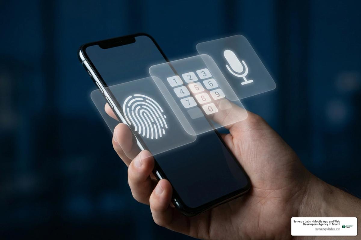 Layered security model illustrating voice lock alongside biometric and hardware PIN protection