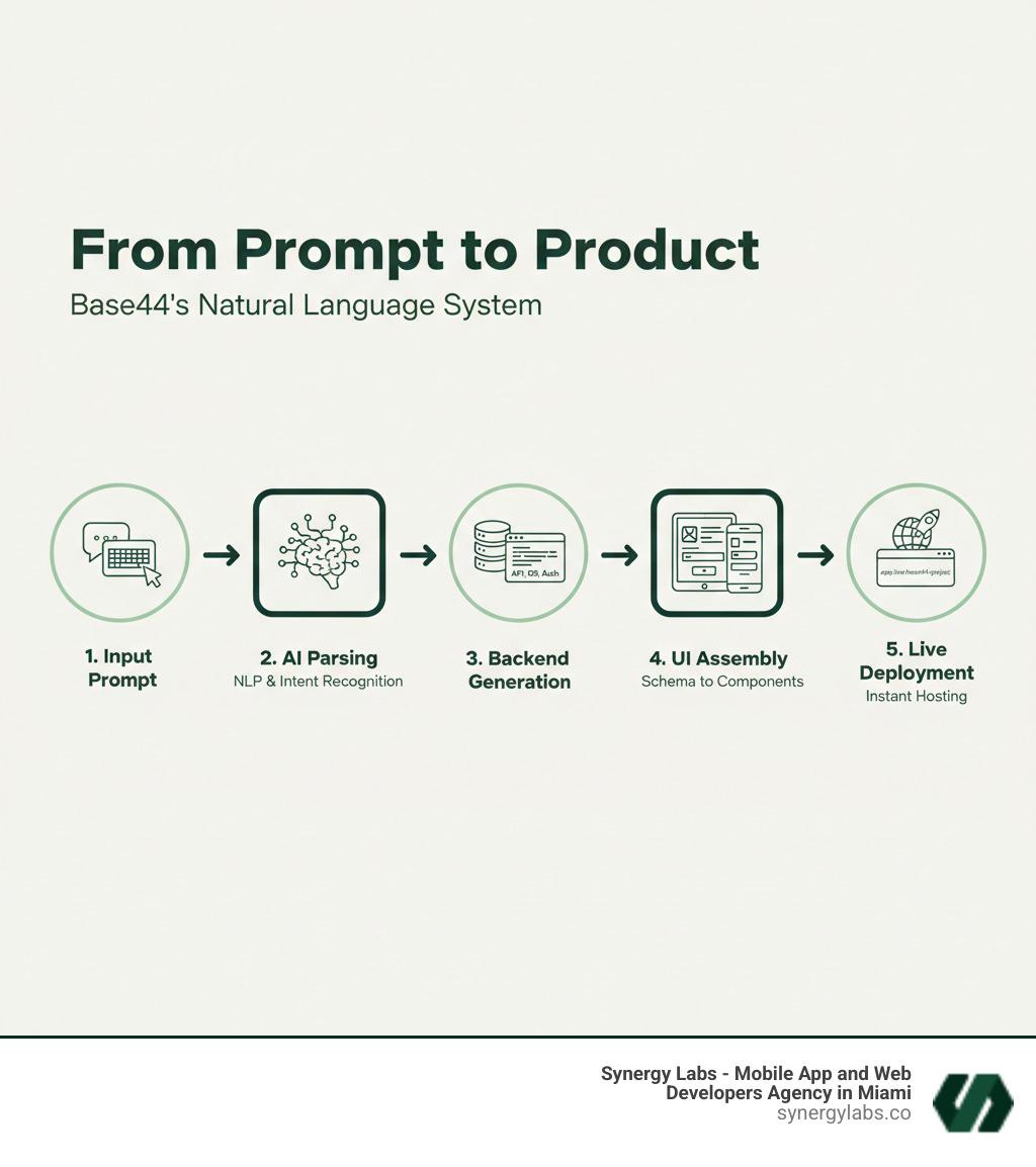 Infographic showing the step-by-step flow from a user typing a natural language prompt into a chat interface, through AI interpretation and backend generation, schema creation, UI component assembly, to final deployment with a live app URL. Include icons representing natural language input, AI brain processing, database tables, code snippets, UI mockups, and a deployed web application. Use a clean, professional design with a green accent color and clear labels for each stage: Input Prompt, AI Parsing, Backend Generation, UI Assembly, and Live Deployment. - From Prompt to Product: How Natural Language Systems Work infographic Infographic showing the step-by-step flow from a user typing a natural language prompt into a chat interface, through AI interpretation and backend generation, schema creation, UI component assembly, to final deployment with a live app URL. Include icons representing natural language input, AI brain processing, database tables, code snippets, UI mockups, and a deployed web application. Use a clean, professional design with a green accent color and clear labels for each stage: Input Prompt, AI Parsing, Backend Generation, UI Assembly, and Live Deployment. - From Prompt to Product: How Natural Language Systems Work infographic
