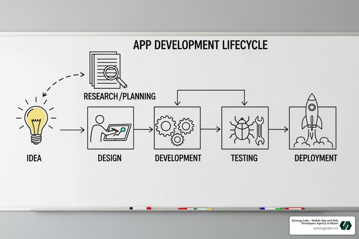 Whiteboard showing the app development lifecycle from idea to launch - London mobile app development, UK custom app agency, European app development London, London digital product agency, London tech hub