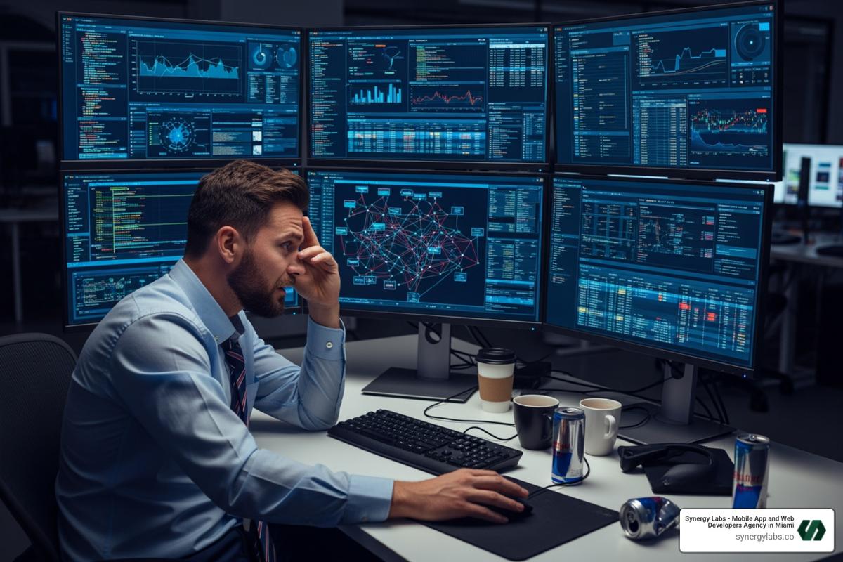 Person looking overwhelmed at multiple complex dashboards on different screens. - Multi-Cloud Strategy in 2026: Avoid Vendor Lock-In Without Doubling Your Complexity