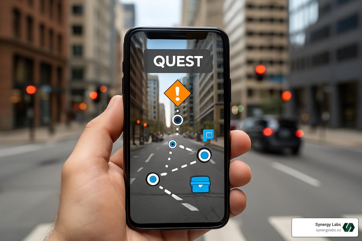Augmented reality quest overlay on smartphone screen - Top 5 Mobile App Gamification Features in 2026