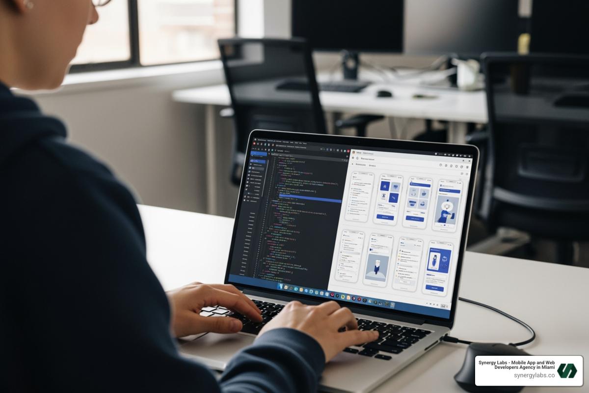 developer typing on laptop with code and UI/UX wireframes - Mobile App Development Agency Chicago: The Complete Buyer's Guide