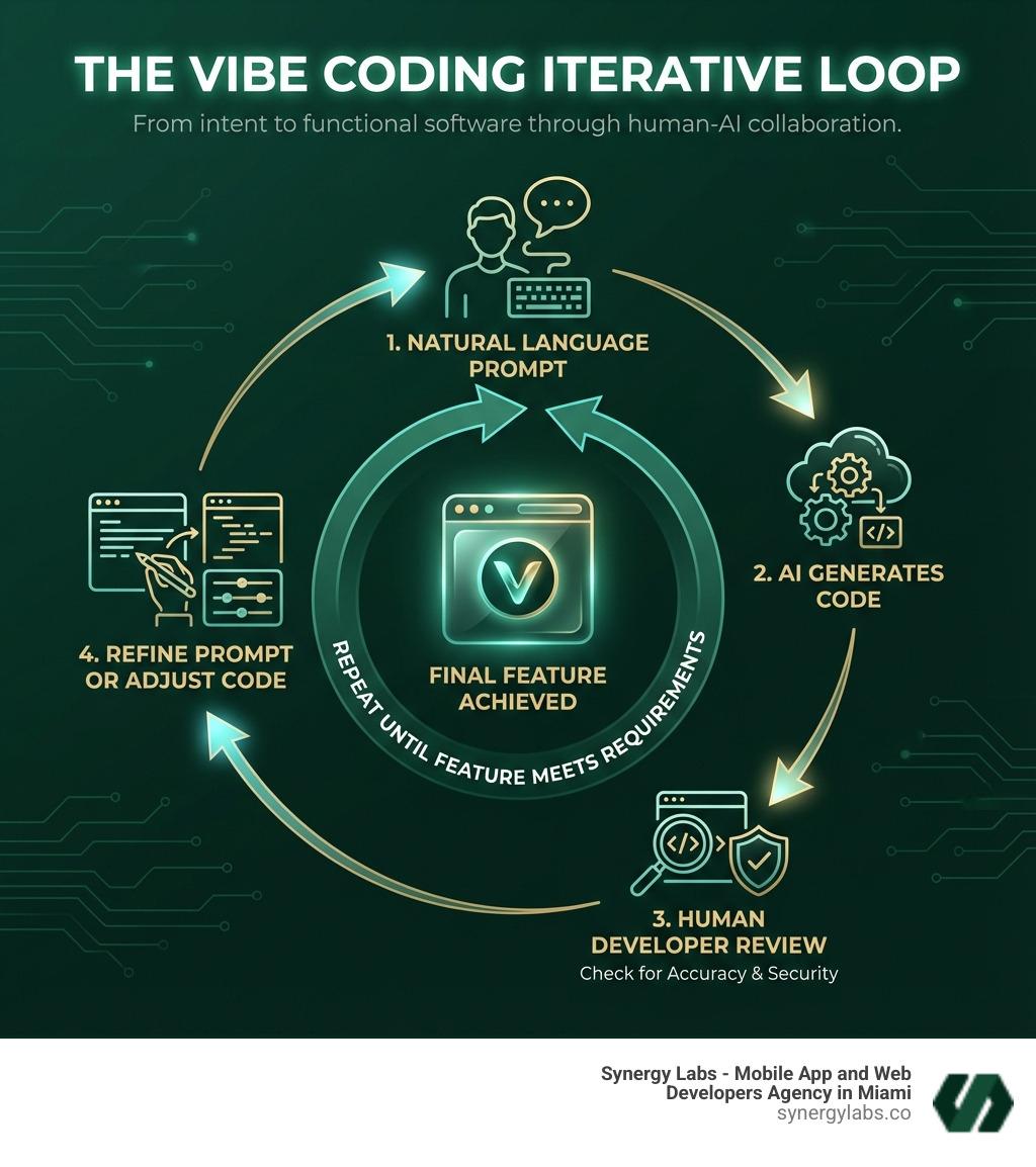 Infographic showing the iterative loop of Vibe Coding: Start with a natural language prompt describing your desired feature, AI generates code based on the prompt, human developer reviews the generated code for accuracy and security, developer refines the prompt or adjusts the code, repeat the loop until the feature meets requirements - What Is Vibe Coding? Your 2026 Vibe Coding Guide infographic 