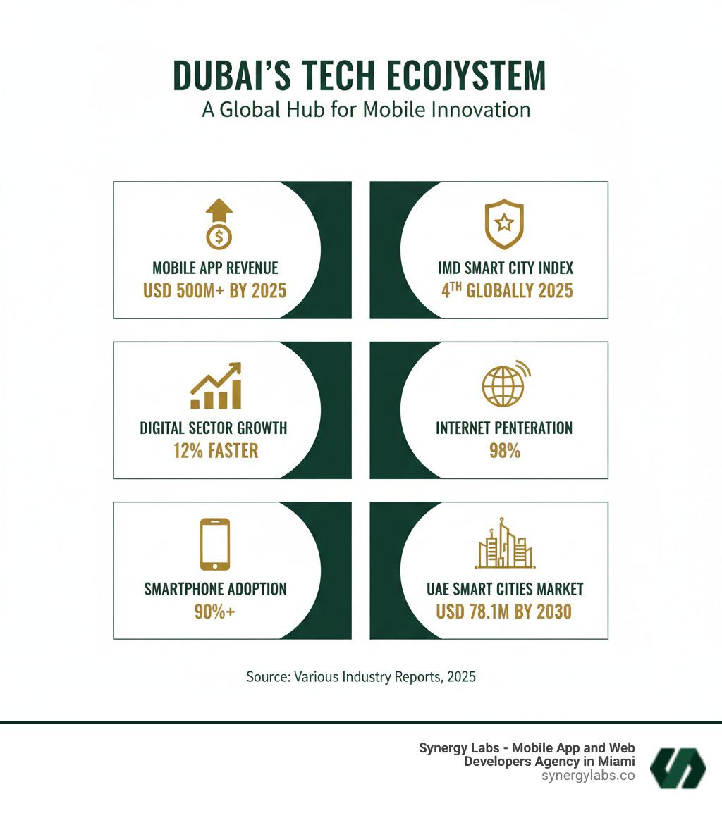 Infographic showing Dubai's tech ecosystem: UAE mobile app revenue projected to exceed USD 500 million by 2025, Dubai ranked 4th in IMD Smart City Index 2025, digital sector growing 12% faster than other industries, 98% internet penetration, 90%+ smartphone adoption, and UAE smart cities market reaching $78.1 million by 2030 - From UAE Innovation to Mobile Impact: Why Dubai Is the Epicenter for Custom App Development infographic Infographic showing Dubai's tech ecosystem: UAE mobile app revenue projected to exceed USD 500 million by 2025, Dubai ranked 4th in IMD Smart City Index 2025, digital sector growing 12% faster than other industries, 98% internet penetration, 90%+ smartphone adoption, and UAE smart cities market reaching $78.1 million by 2030 - From UAE Innovation to Mobile Impact: Why Dubai Is the Epicenter for Custom App Development infographic