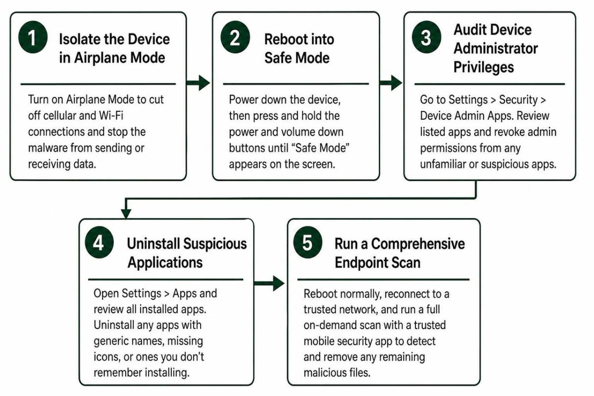 Step-by-step incident response sequence to isolate, detect, and remove mobile malware