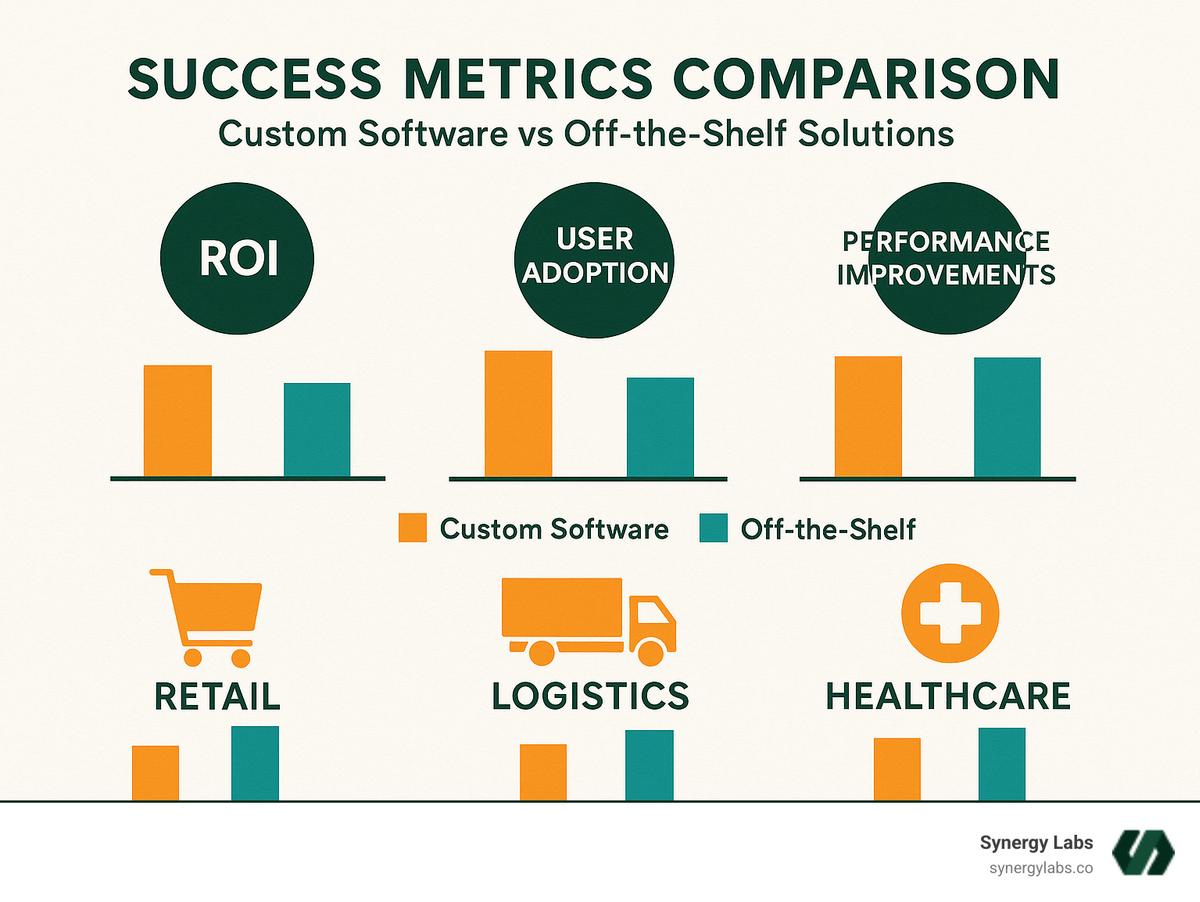 Success metrics comparison showing ROI, user adoption, and performance improvements for different software approaches in various industries - Custom software vs off-the-shelf solutions infographic Success metrics comparison showing ROI, user adoption, and performance improvements for different software approaches in various industries - Custom software vs off-the-shelf solutions infographic