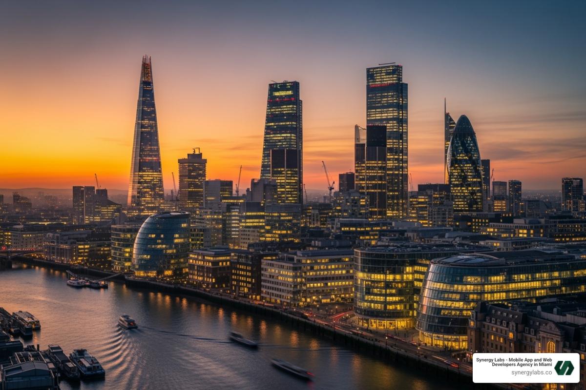 London tech hub skyline - London mobile app development, UK custom app agency, European app development London, London digital product agency, London tech hub