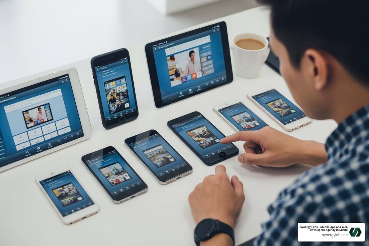 Developer testing app on multiple devices - App Developers Chicago: Top 10 Questions to Ask Before You Hire
