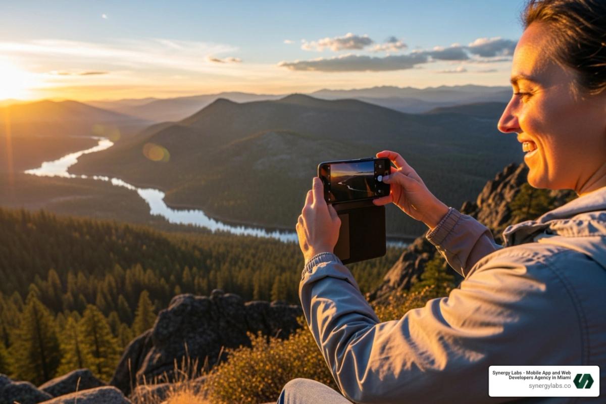 Person happily taking a photo with their Android phone in a beautiful location - top paid camera apps for android