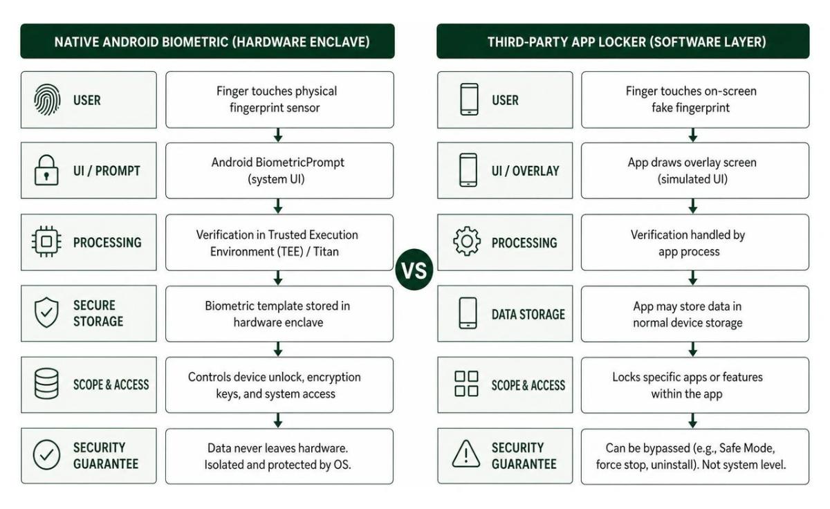 Diagram comparing native Android hardware biometric enclave versus third-party app locker software layer
