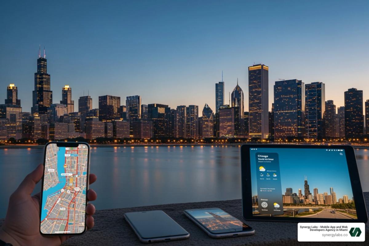 Chicago skyline with mobile devices - Mobile App Development Agency Chicago: Proven Processes and Local Case Studies