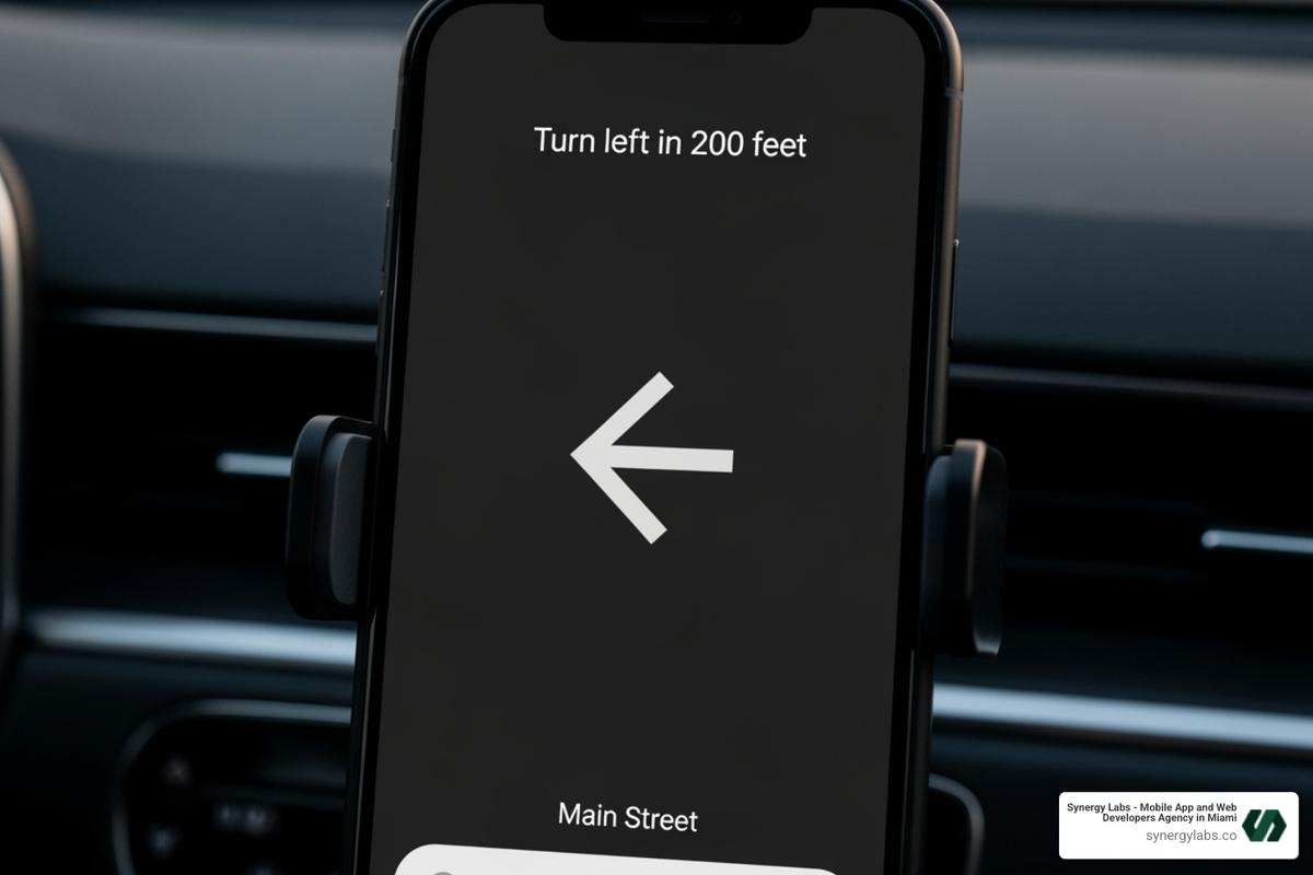 A phone displaying a minimalist, monochrome navigation interface on its Always-On Display, showing only essential turn-by-turn directions and an arrow - Android 17's "Min Mode": The New Front Door for Glanceable Apps