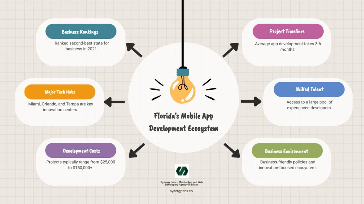 Infographic showing Florida's mobile app development ecosystem with statistics on business rankings, major tech hubs (Miami, Orlando, Tampa), average development costs ($25K-$150K+), typical timelines (3-6 months), and key advantages like skilled talent pools, business-friendly policies, and innovation focus - mobile application development company florida infographic brainstorm-6-items