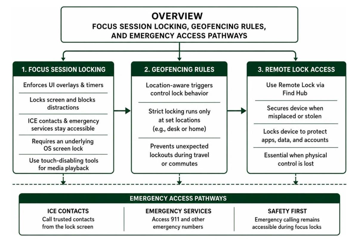 Overview of focus session locking, geofencing rules, and emergency access pathways