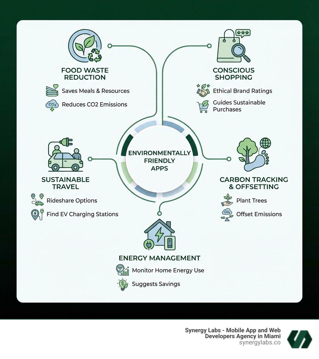 Infographic showing main categories of environmentally friendly apps: Food Waste Reduction (saves meals and reduces CO2), Conscious Shopping (ethical brand ratings), Sustainable Travel (rideshare and EV charging), Carbon Tracking (plant trees and offset emissions), and Energy Management (monitor and reduce home energy use) - environmentally friendly apps infographic 