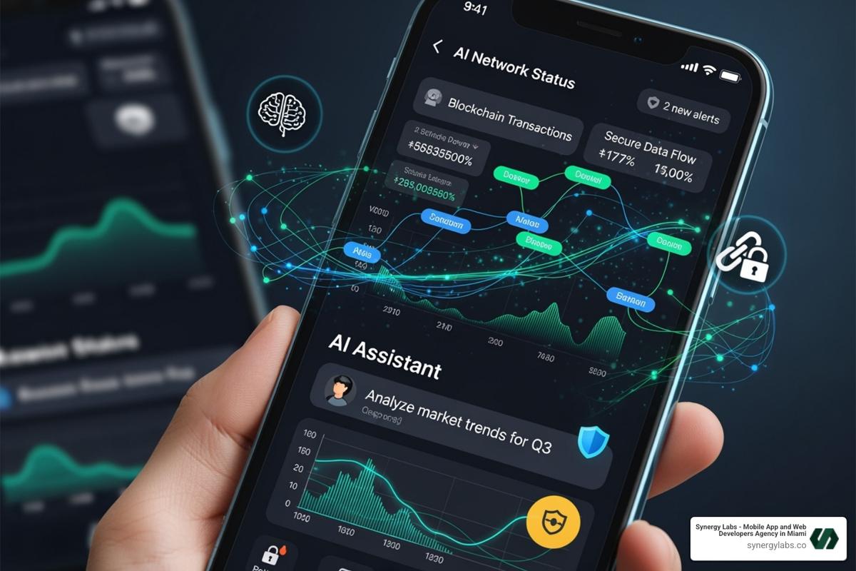A futuristic app interface showing AI and blockchain integration - London mobile app development, UK custom app agency, European app development London, London digital product agency, London tech hub
