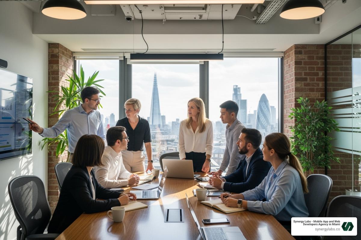 A diverse team collaborating in a modern London office space - London mobile app development, UK custom app agency, European app development London, London digital product agency, London tech hub