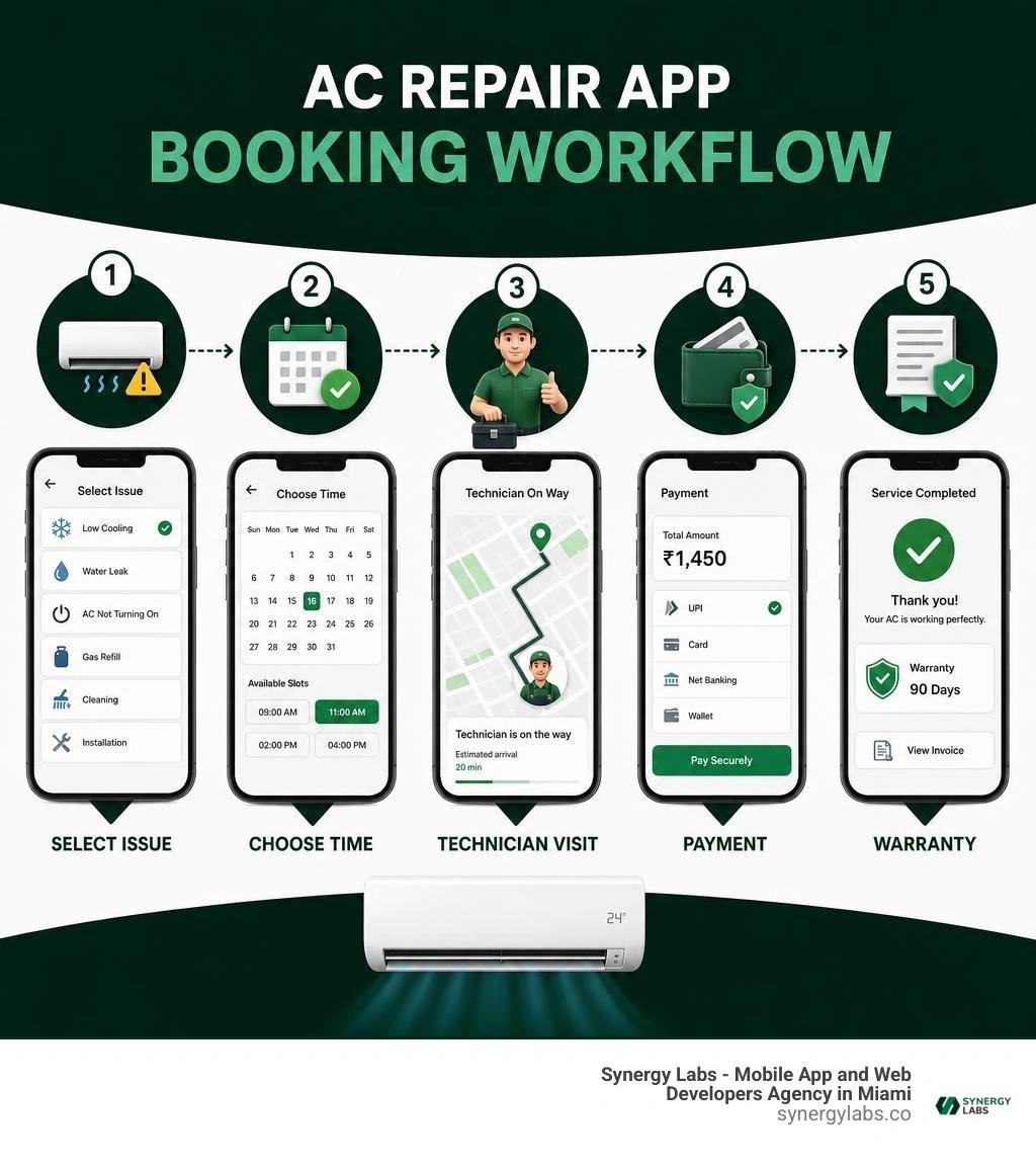 AC repair app booking workflow: select issue, choose time, technician visit, payment and warranty infographic