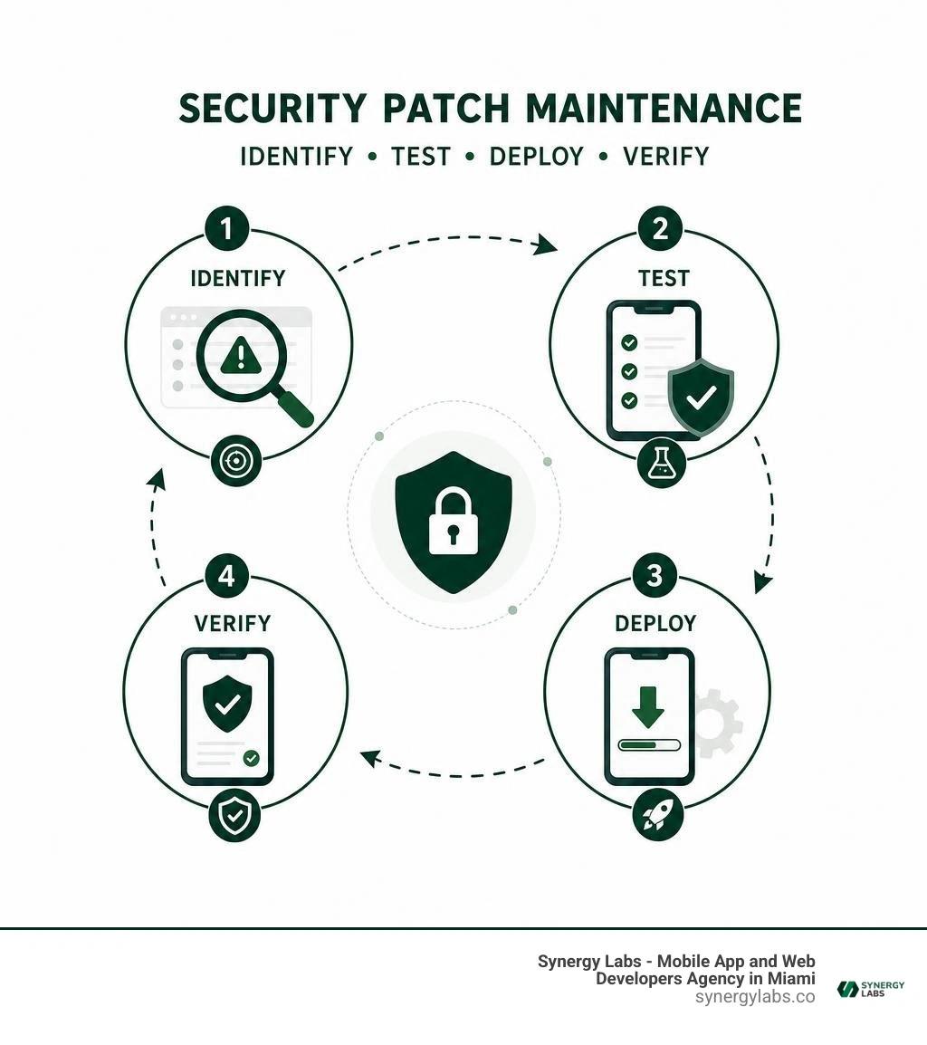 Security patch maintenance: identify, test, deploy, verify infographic
