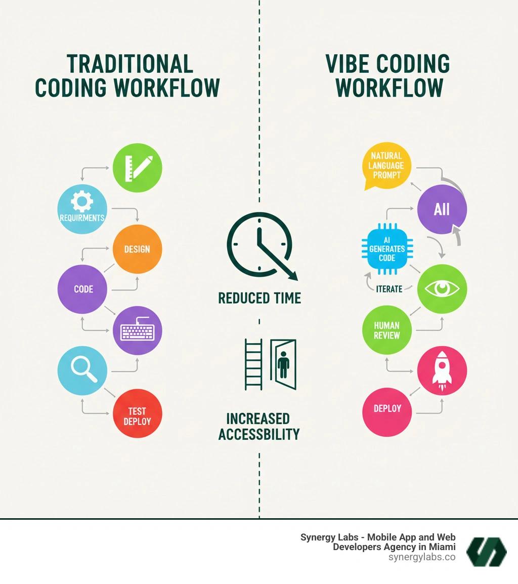 Infographic comparing traditional coding workflow (requirements → design → code → test → deploy) with vibe coding workflow (natural language prompt → AI generates code → human review → iterate → deploy), highlighting reduced time and increased accessibility - ⦁ Best vibe coding platforms of 2025 infographic 