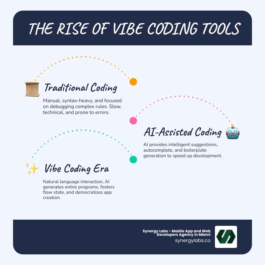 Infographic showing a timeline from traditional coding to AI-assisted coding, explaining how vibe coding tools blend natural language with AI to generate code, speed up development, and democratize app creation, with examples of key benefits like faster prototyping and reduced development time. - vibe coding tools infographic infographic-line-3-steps-blues-accent_colors