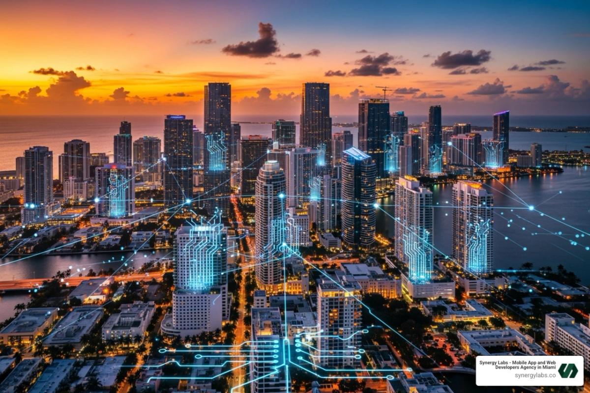 Miami skyline with tech-themed overlays - android mobile app development company miami