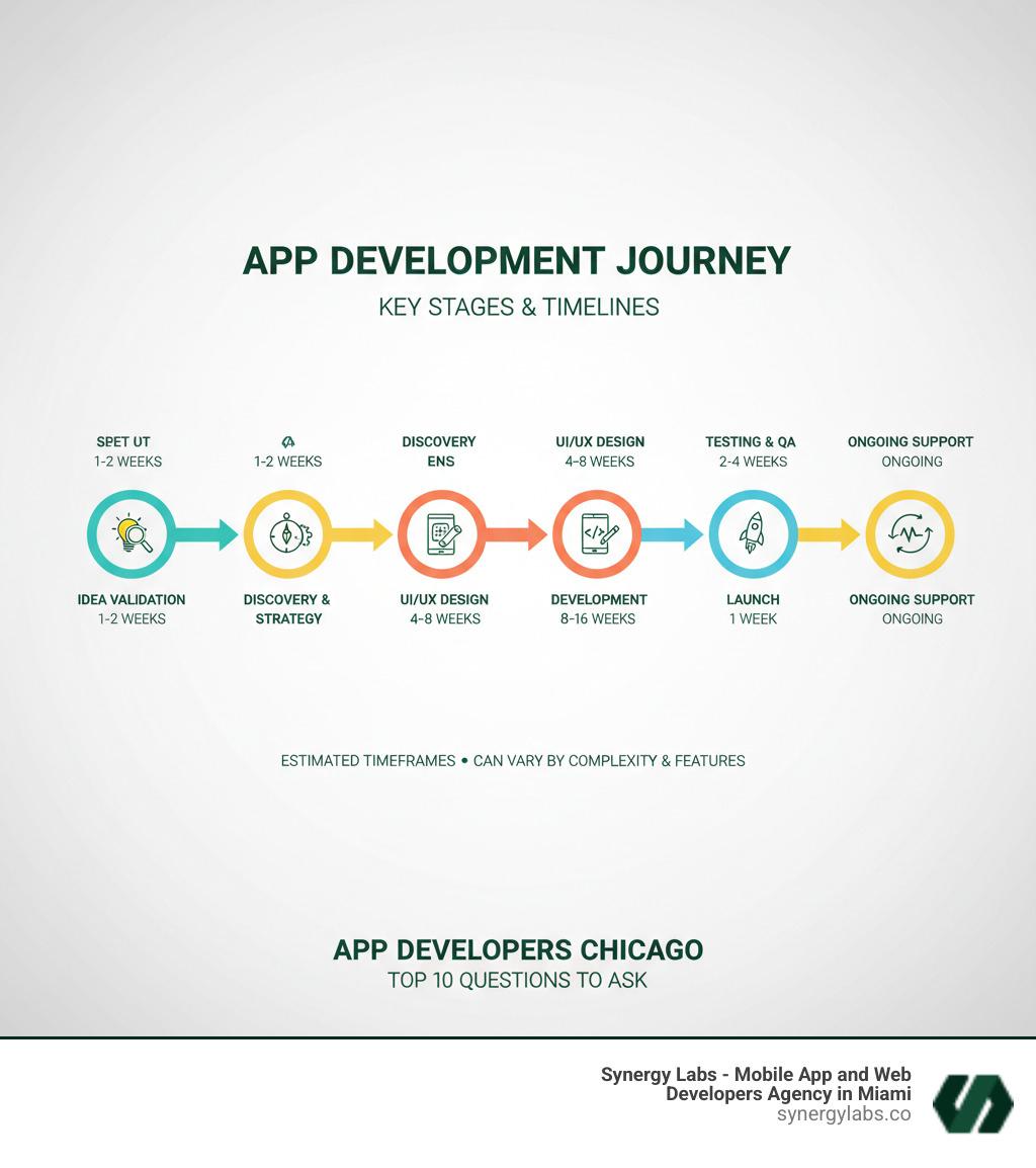 Infographic showing the key stages of app development from idea validation through discovery, design, development, testing, launch, and ongoing support with estimated timeframes for each phase - App Developers Chicago: Top 10 Questions to Ask Before You Hire infographic 