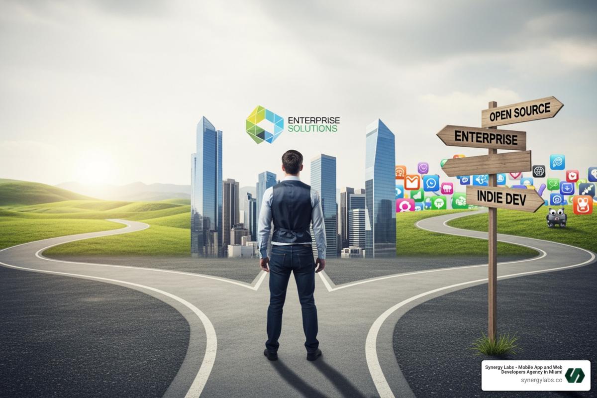 developer at a crossroads with signs pointing to "Native," "Cross-Platform," and "Hybrid" - What Makes an App Scalable? A Technical Guide for Growing Companies