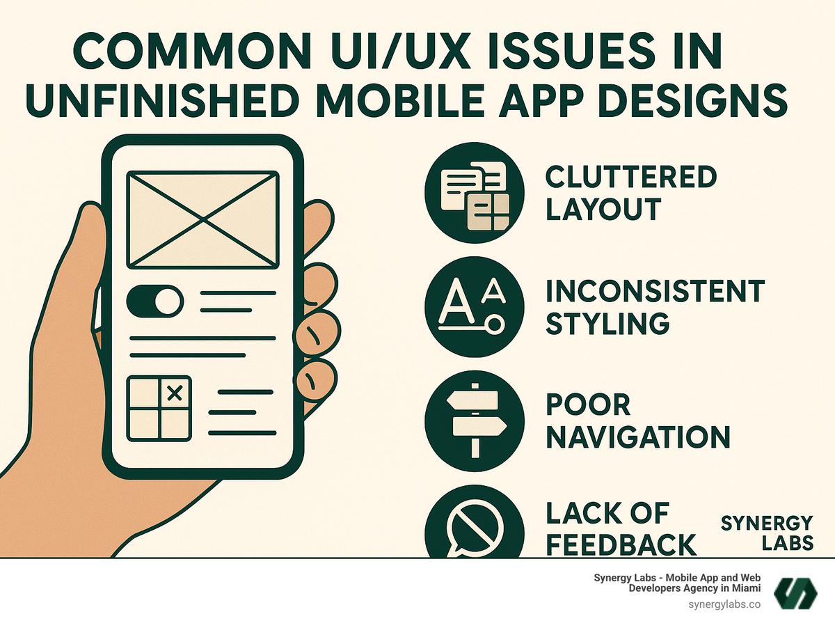 Infographic showing the timeline of user abandonment in unfinished mobile apps, highlighting critical drop-off points at first launch, day 3, and day 7, with corresponding UI/UX issues that cause each abandonment phase - Common UI/UX issues in unfinished mobile app designs infographic 