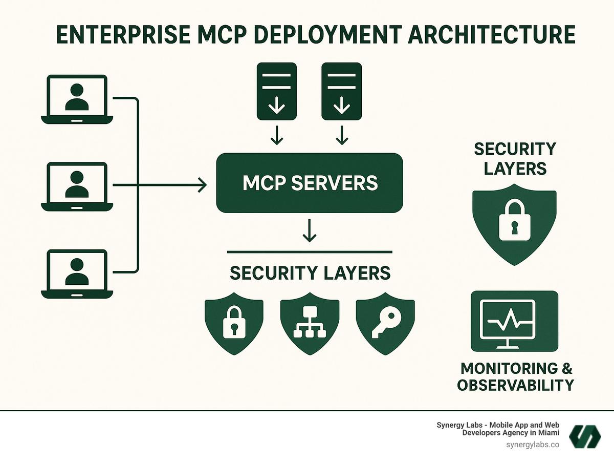 Enterprise MCP deployment architecture showing load balancers, security layers, and monitoring systems - All about model context protocol (MCP) infographic 