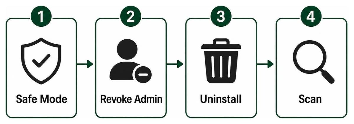 Step-by-step malware removal process: Safe Mode, revoke admin, uninstall, scan Step-by-step malware removal process: Safe Mode, revoke admin, uninstall, scan