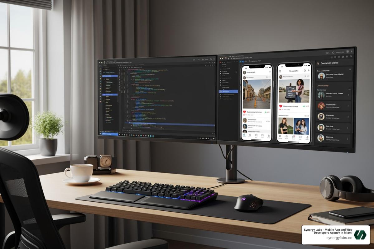 Image of a developer's dual-monitor setup showing code on one screen and the app emulator on the other - Mobile App Development Agency: What to Expect from Discovery to Launch