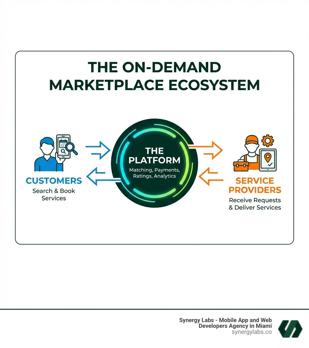 Infographic showing the on-demand marketplace ecosystem with three interconnected components: Customers using mobile apps to search and book services, Service Providers receiving requests and delivering services, and the Platform managing matching, payments, ratings, and analytics in the center - On-Demand App Development: A Roadmap for Building Scalable Marketplaces infographic 