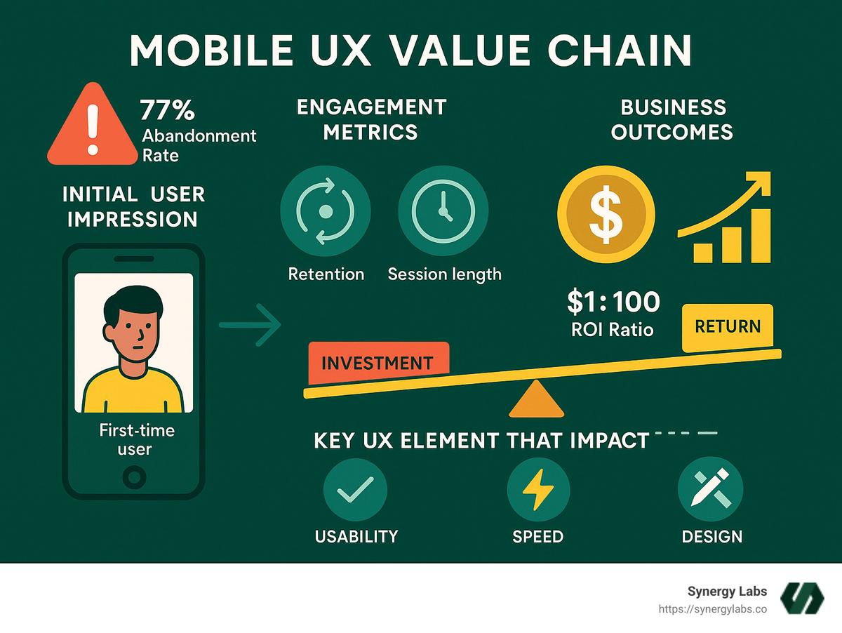 Detailed infographic showing the mobile UX value chain from initial user impression through engagement metrics to business outcomes, including the 77% abandonment rate, $1:$100 ROI ratio, and key UX elements that impact retention - user experience in mobile apps infographic 